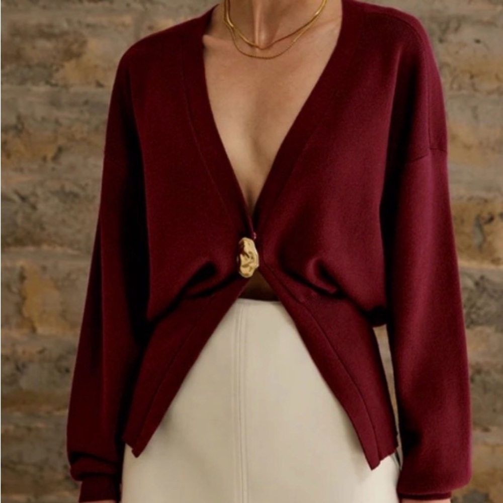 Deep V Burgundy Knit Cardigan with Gold Accent